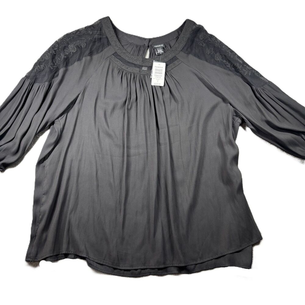 Torrid NWT Crepe Top Embroidered Mesh Insert Long Sleeve Black 3 3X L193
